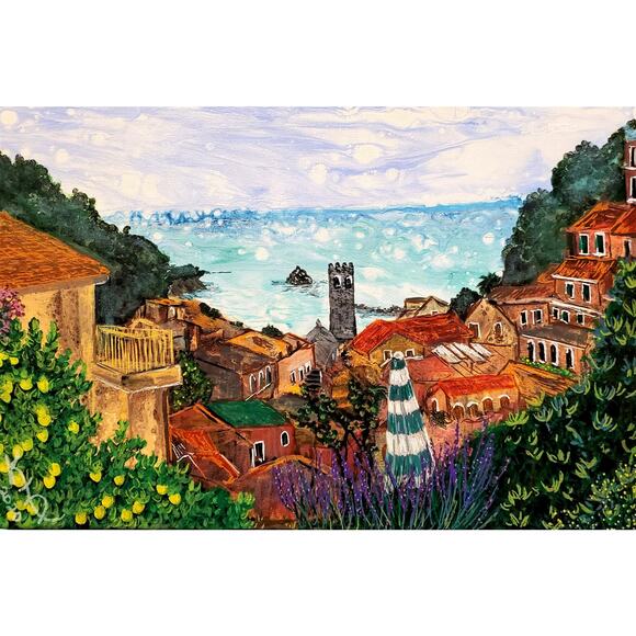 Art Print my Original Work 11" x 14" "Cinque Terre Village, Italy" Acid Free - Picture 1 of 1